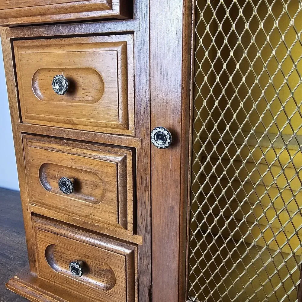 Vintage Musical Wooden Jewelry Armoire Box Gold Mesh Door Velvet Lined Necklace